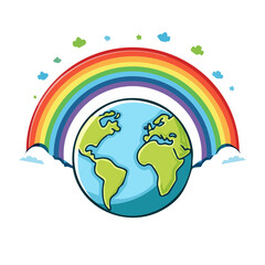 Naklejka premium Cartoon Globe with Rainbow and Clouds