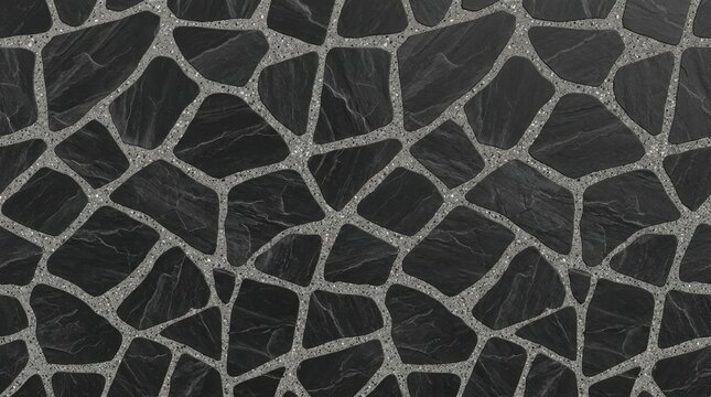 Seamless texture of dark grey slate stone crazy paving with grey mortar. Flat lay background of irregular flagstone patio walkway.