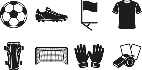 Soccer and football sport equipment black silhouette vector icon set isolated on white background © Anamul Arafat
