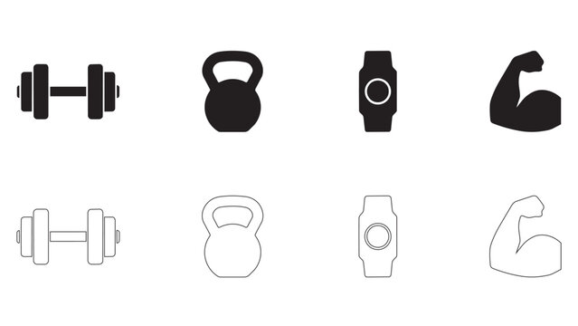 Gym equipment icons with dumbbell kettlebell fitness tracker and strong muscle arm vector.