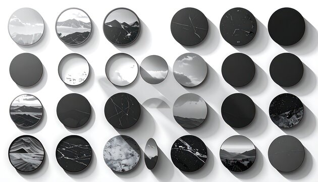 A collection of circular wall art pieces featuring diverse monochromatic landscape and abstract textures.