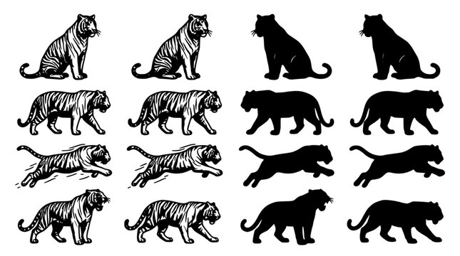 Cat Animal Icons Set with Detailed Black and White Vector Silhouettes for Collection and Design Featuring Silhouette, Illustration, Pet with Feline