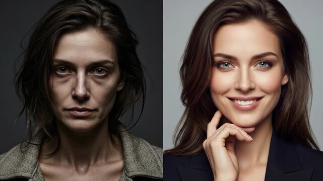 Face of a woman impacted by drug and alcohol addiction, contrasting with her vibrant healthy lifestyle, depicting transformation, choices, well being, struggle, triumph