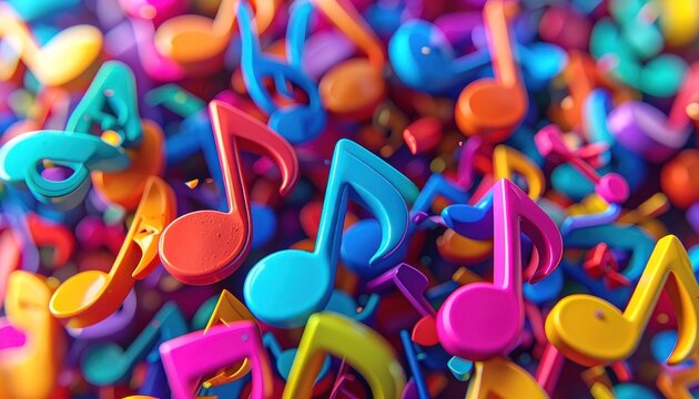 A vibrant and chaotic jumble of colorful musical notes fills the frame, creating a lively and energetic visual representation of music.