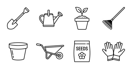 Gardening tools linear icon set shovel watering can plant pot wheelbarrow seeds gloves rake UI web interface design © Bundleprohub
