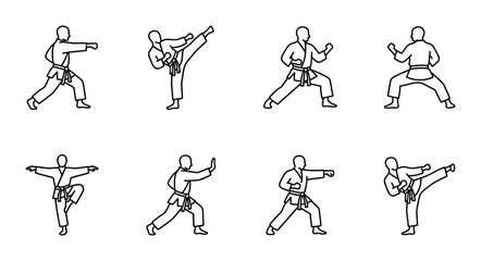 8 Martial Arts Poses linear icon set karate combat fighting stances, UI and web interface design © Bundleprohub