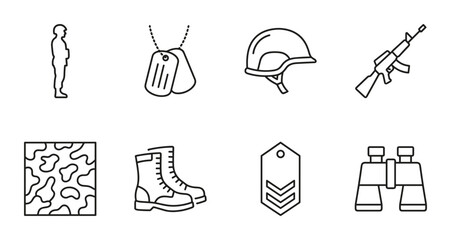Military linear icon set soldier dog tags helmet rifle camouflage boots rank binoculars UI web interface design © Bundleprohub