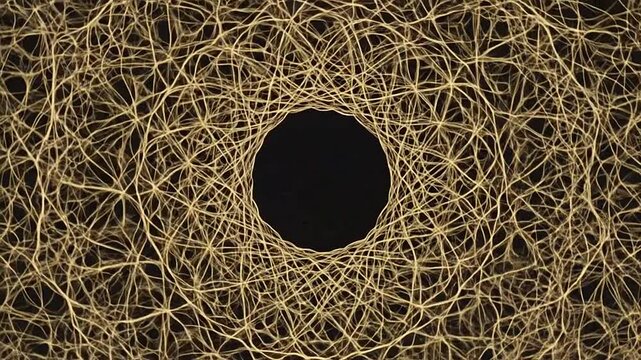 Intricate golden mandala pattern with complex geometric lines on a black background
