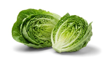 Fototapeta premium Two halves of fresh green romaine lettuce isolated on white background.
