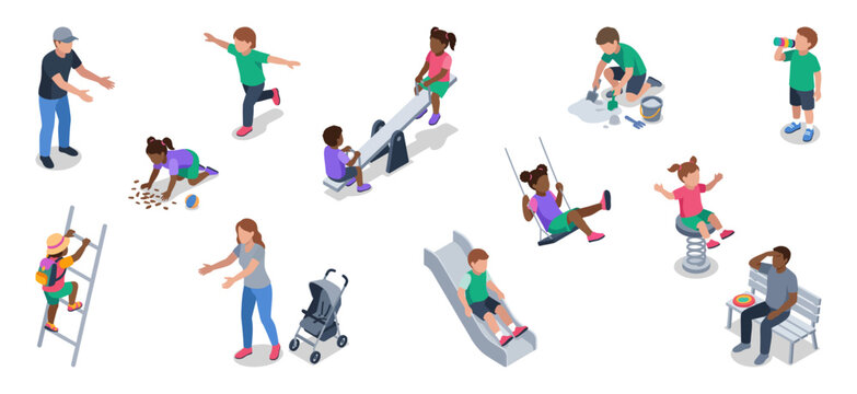 Children and parents at playground playing on outdoor park equipment | Isometric vector character illustrations set