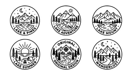 Fototapeta premium Emblems Adventure Badge Collection with Six Circular Vector Designs Featuring Mountains, Trees, and Playful Icons