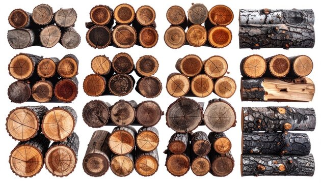 A collage of various stacked logs of different sizes and wood types arranged against a white background.