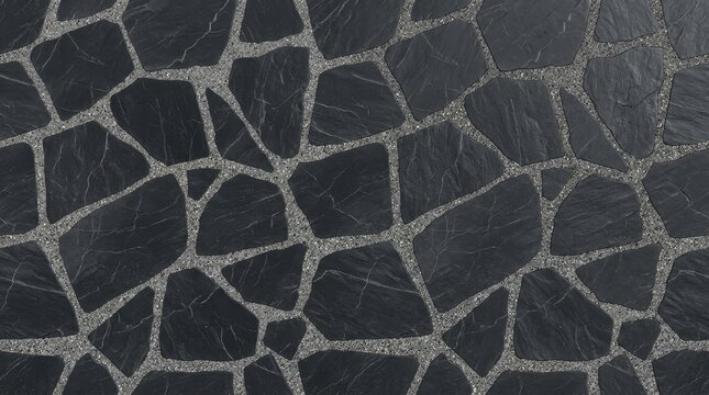 Modern Black Slate Stone Paving Texture with Irregular Flagstones and Grey Mortar Joints, Abstract Dark Rock Background for Design and Construction