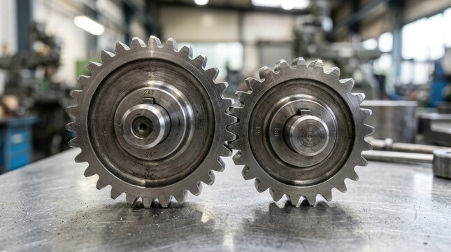 Two large, gray gears rest on a polished steel surface. The gears are positioned close together, with their teeth interlocked.