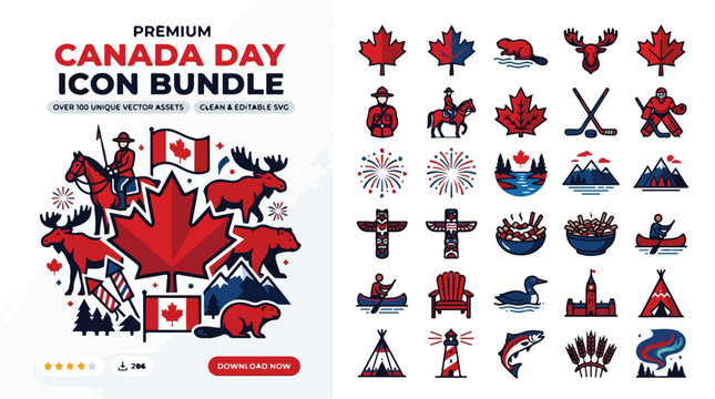 Canada Day icon bundle with 30 unique vector assets, Canadian national symbols and cultural landmarks, red and blue flat line icons