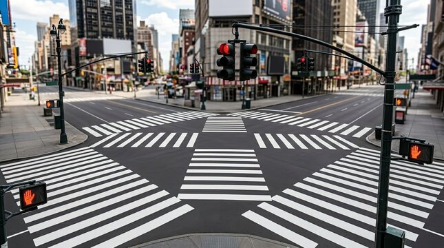 A wide-angle photograph captures a busy intersection in a large city, likely New York City. The street is marked with multiple crosswalks, and traffic signals are illuminated, displaying red lights.