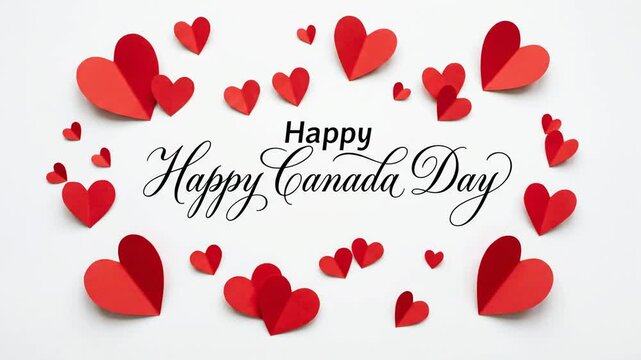 Happy Canada Day Greeting Message with Red Paper Hearts on White Background