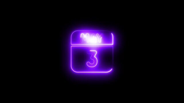 Neon calendar date may 3rd glowing purple light animation
