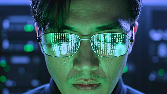 Asian analyst examining code close-up with binary reflections in glasses inside server room, illustrating cybersecurity monitoring, data analysis, network defense, digital threat detection workflow.