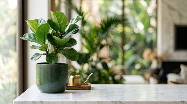 A large, green Ficus plant sits on a marble table in a bright, sunlit room. The plant is potted in a textured, dark green ceramic pot.