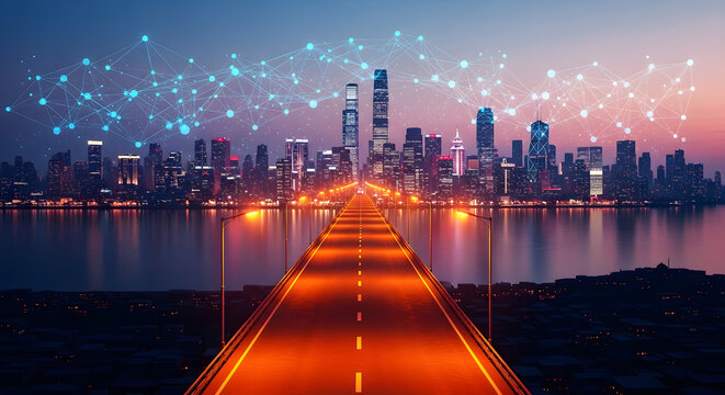 Smart city skyline at night with digital network connection lines and bridge