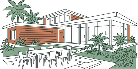 Fototapeta premium Modern Tropical Villa with Outdoor Dining Area and Lush Garden, Luxury Architecture Vector