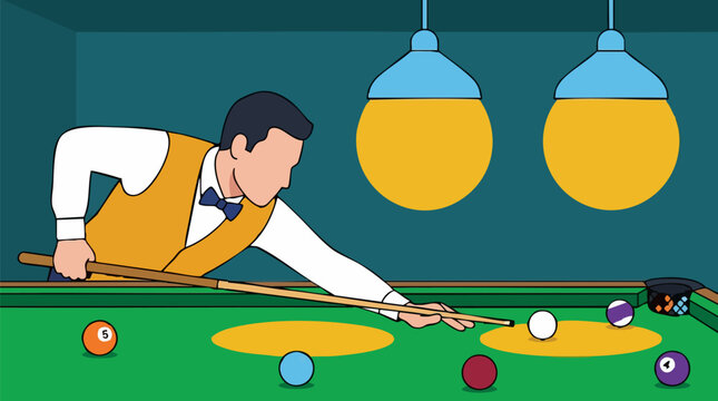 Man playing billiards, aiming with cue stick on a pool table, illustration