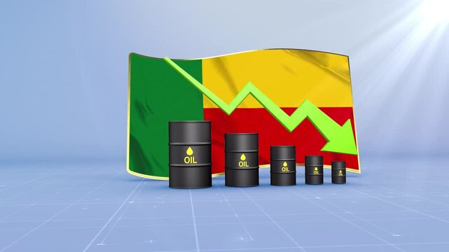 Benin Crude Oil Price Drop with Oil Barrels Downward Green Arrow and 3D Financial Data Visualization Graphs for Economy and Business Concept