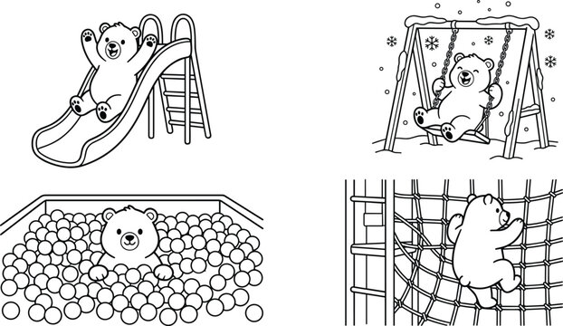 Cute Bear Playground Activity Collection Featuring Sliding Swinging Climbing and Ball Pit Adventures for Children's Coloring Book Vector Illustrations