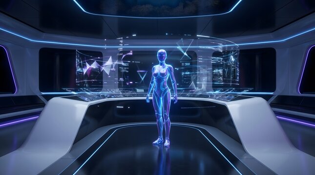 Futuristic Female Robot Avatar in Neon Lit Cyberpunk Control Room with