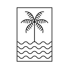 Logo agencia de viajes. Vacaciones de verano. Dibujo minimalista con líneas de una palmera con olas en un marco rectangular  © teracreonte