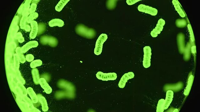 Green bacteria dispersing macro microscope view inside a water droplet for microbiology testing, water contamination analysis, infection research, lab diagnostics, and microbial growth monitoring