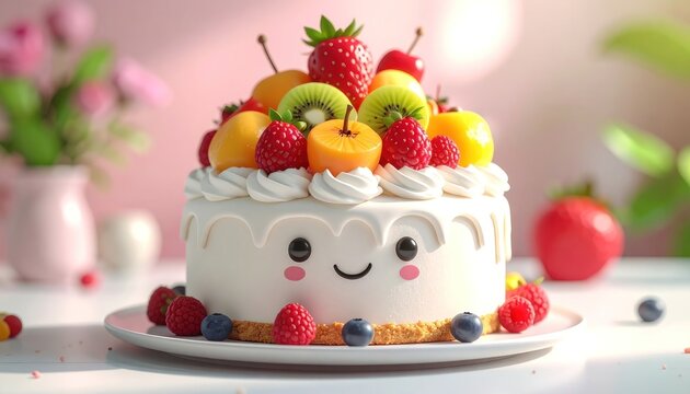 A cute, smiling cake topped with fresh fruit and cream, set against a soft pink background.