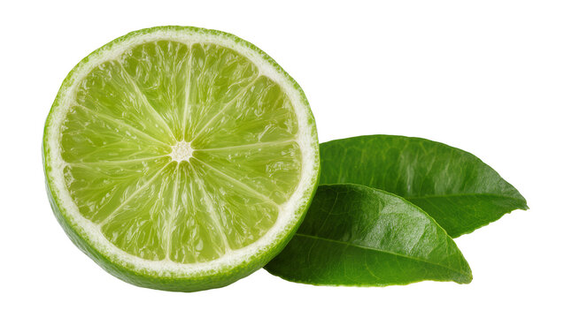 Isolated fresh green lime slice and vibrant citrus leaves, healthy fruit ingredient