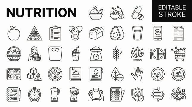 Nutrition icons for healthy eating and diet.