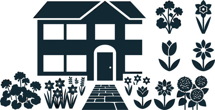 Family Home with Garden Flowers Silhouette Collection, Residential Landscaping Vector Design Set