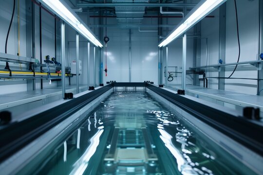 Immersion cooling tank with submerged server components, clean industrial lighting.