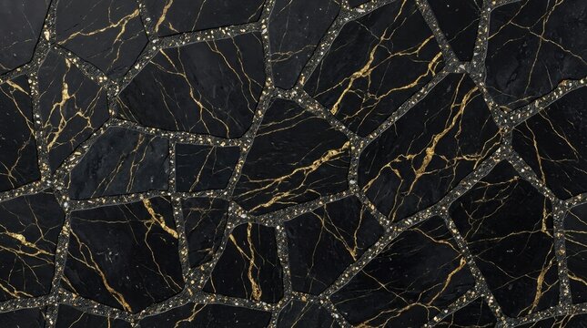Elegant black marble terrazzo mosaic texture with golden veins. Luxury seamless dark stone tile pattern for background, wallpaper, and interior design.