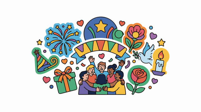 A colorful illustration of four people celebrating with festive decorations and symbols