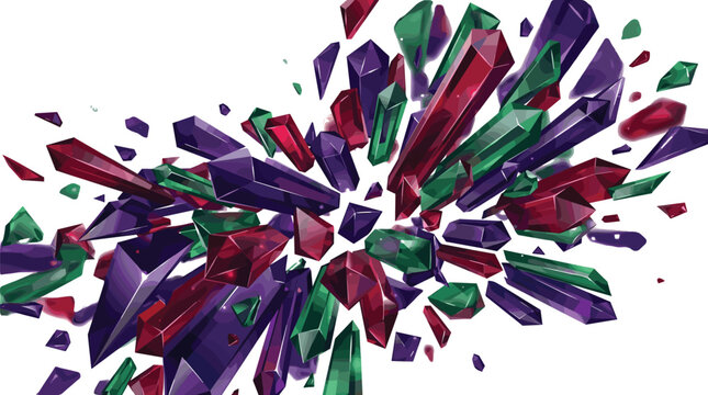 Dynamic Shattering Crystals Exploding Abstract Vector Design with Red Emerald Green and Amethyst Purple Polygonal Mineral Shards for Creative Background Art
