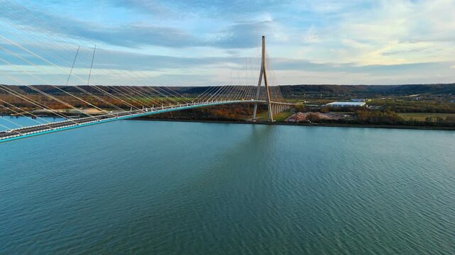 Landmark Pont de Normandie spanning the Seine estuary, drone view of French infrastructure and regional connectivity