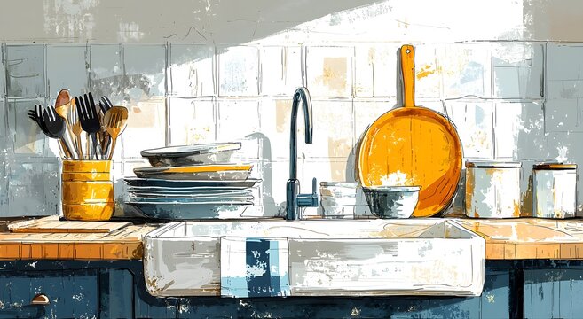Messy kitchen sink with unwashed dishes home chores picture