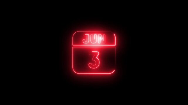 Neon calendar June glowing red date sign third 4k animation video with black background 