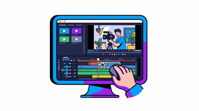 A computer monitor displays a video editing software interface with a hand holding a mouse