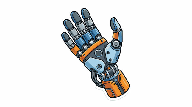 A robotic hand with orange and blue metallic components