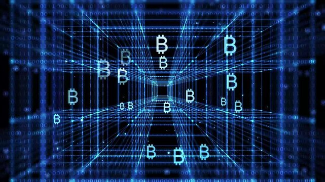 animated bitcoin signs on blue digital technology background with cube tunnel and binary code, btc symbols for illustration concept of cryptocurrency, mining, transaction and blockchain