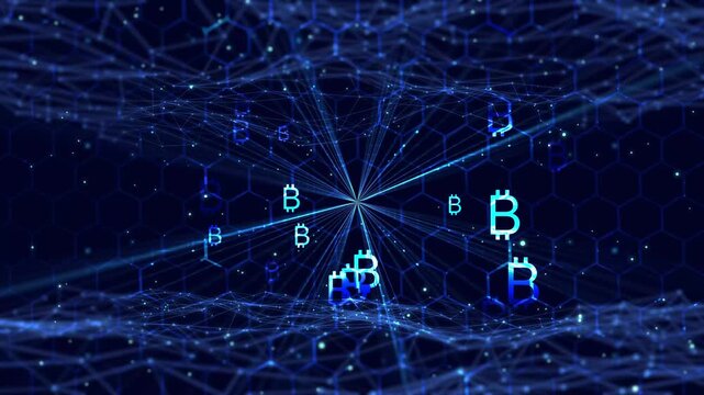 animated bitcoin signs on blue technology background with light rays, hexagon pattern and rippled grid shape, illustration concept for btc currency, mining, transaction and blockchain