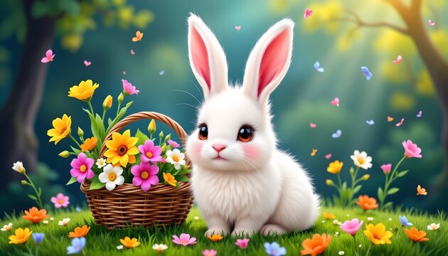 An adorable 3D rendering of a white rabbit with black eyes standing in front of a vibrant flowerbed. The rabbit is holding a basket filled with flowers, adding a touch of whimsy to the scene
