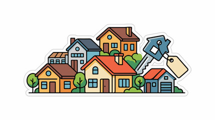 Fototapeta premium Colorful illustration of a neighborhood with houses and a key
