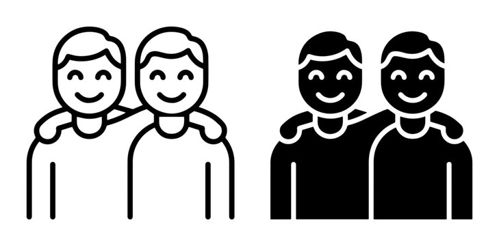 2 Friends Hugging Icon Set, Outline and Solid Styles, for Friendship and Support Concepts